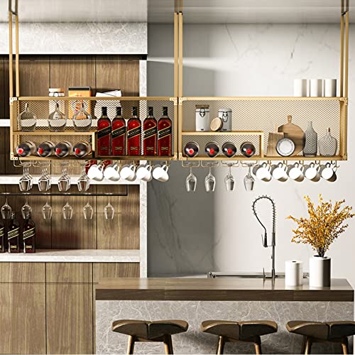 Hanging Wine Rack with Glass Holder and Shelf, 2-Layer Industrial Hanging Wine Glass Rack Ceiling, Iron Bottle Holder Wine Shelf