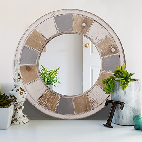 SeekElegant 12 Inch Rustic Wood Mirror, Small Round Wall Mirror, Rustic Farmhouse Wall Mirror with Whitewashed Frame, Decorative Mirrors for Wall
