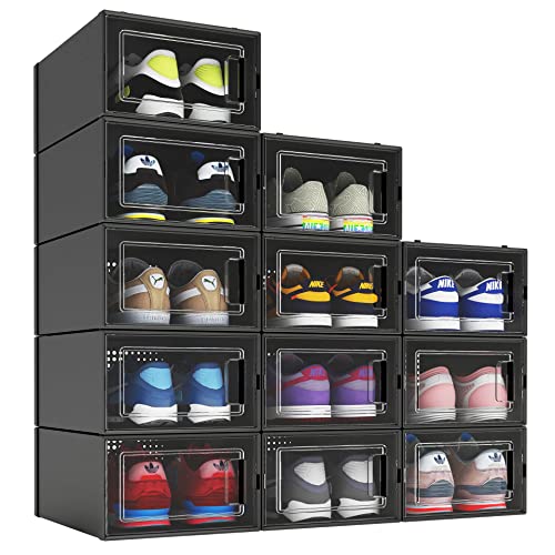 MELDEVO 12 Pack Shoe Organizer Boxes, Black Plastic Stackable Shoe Storage Bins For Closet, Space Saving Shoe Holder Sneaker Display Case for Med
