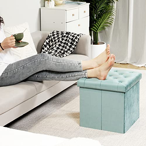 Bonlife Folding Teal Velvet Ottoman Storage Cube,Footrest Stool Seat,Toy Chest Storage Box with Lid,Footstool for Living Room,40x40x40cm