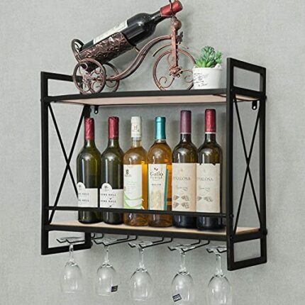 ybaymy Industrial Wine Rack 2-Tiers Wall Mounted Bar Shelves Home Wine Storage Racks with 5 Glasses Holder Hanging Rustic Wine Holder Wine Displa