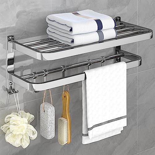 HONPHIER Towel Rail Wall Mounted 2-Tier Foldable Towel Holder Bath Towel Rack With Activity 5 Hooks SUS 304 Stainless Steel Towel Shelves Towel R