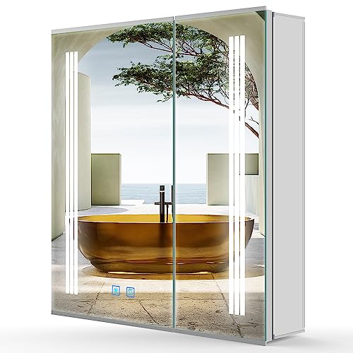 LUMIRRORS® LED Bathroom Mirror Cabinet 60x70cm with Shaver Socket Dimmable Brightness Touch-Switch Anti-fog 2-door Adjustable Shelves IP44 Illumi