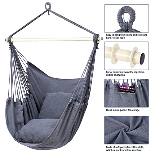 Hanging Chair Cotton Swing Chair with Hardwares, Ohuhu XL Portable Gray Hammock Chair with Cushions Installation Kit Detachable Metal Support Bar
