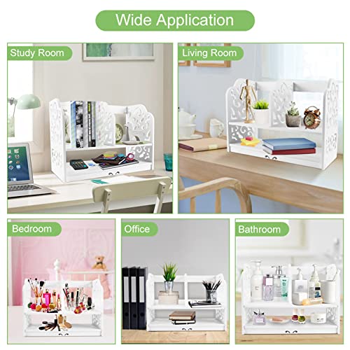 lyrlody Desktop Bookcase,2Tier DIY Wood Baroque Carve Desktop Organizer PVC Desk Book Shelf Storage Holder Rack Small Cosmetics Display Standing