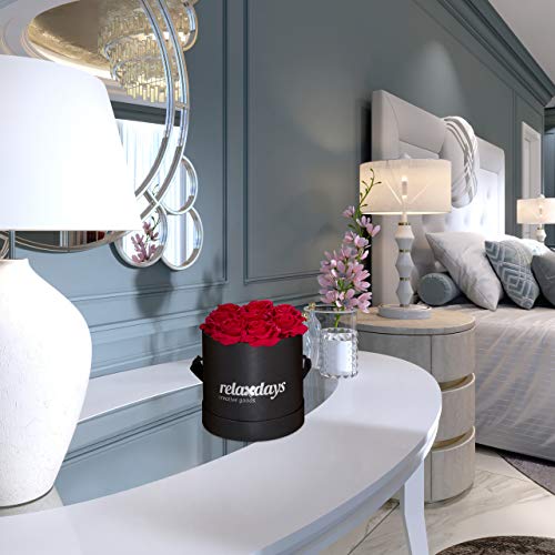 Relaxdays Round Flowerbox with 8 Faux Roses, Black Box, Last 10 Years, Gift, Decorative Bouquet, Red, 17 x 17 x 17 cm