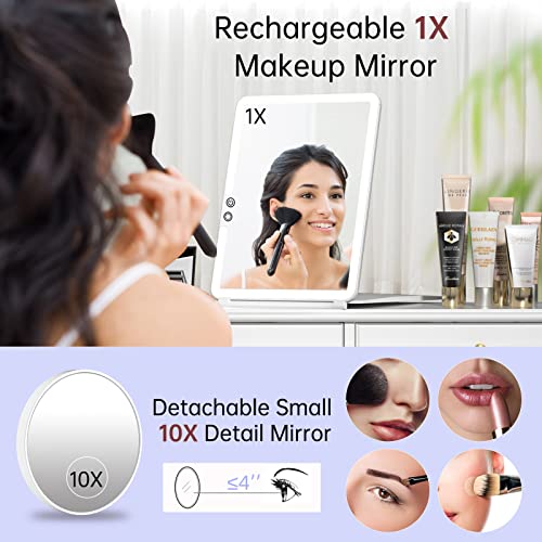 FUNTOUCH Rechargeable Makeup Mirror with Light, Portable Lighted Travel Mirror with 10X Magnifying, 3 Colors Light Modes, Touch Screen Dimming Fo