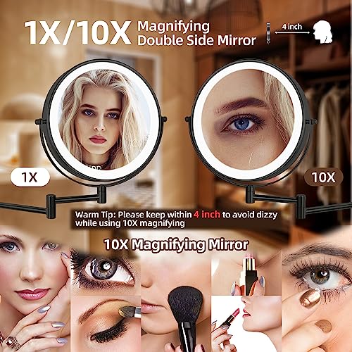 SLIMOON 8" Wall Mounted Lighted Makeup Mirror with Magnification, 1X/10X Magnifying Mirror with Light, 3 Color LED Dimmable 2000mAh Rechargeable