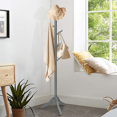 Tangkula Wooden Tree Coat Rack Freestanding, Entryway Coat Stand with 8 Hooks, Height Adjustable Coat Tree, Coat Hanger Stand for Home Office Hal