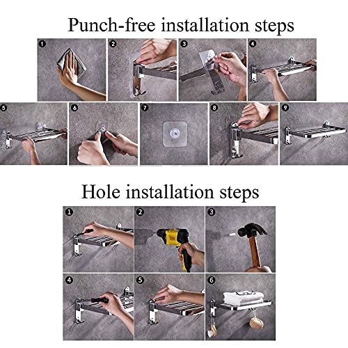 FVRTFT towel stand no drilling towel rail stainless steel towel rack foldable wall mounted self adhesive hook for bathroom-58cm