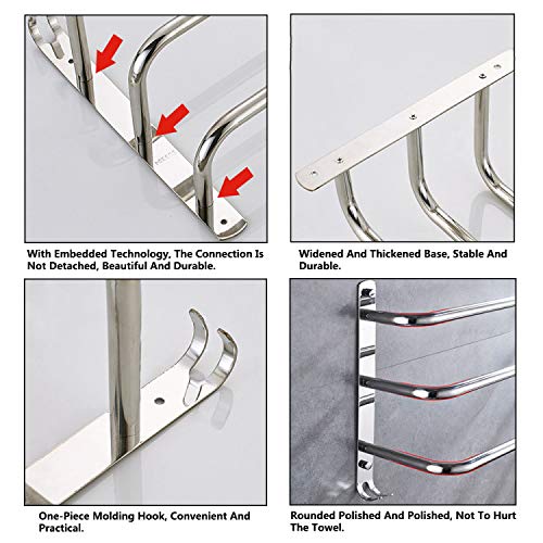 HONPHIER® Towel Rail Chrome 3-Tier Bath Towel Rack with Hooks SUS 304 Stainless Steel Wall Mounted Towel Holder Towel Bar Rail for Kitchen Bathro