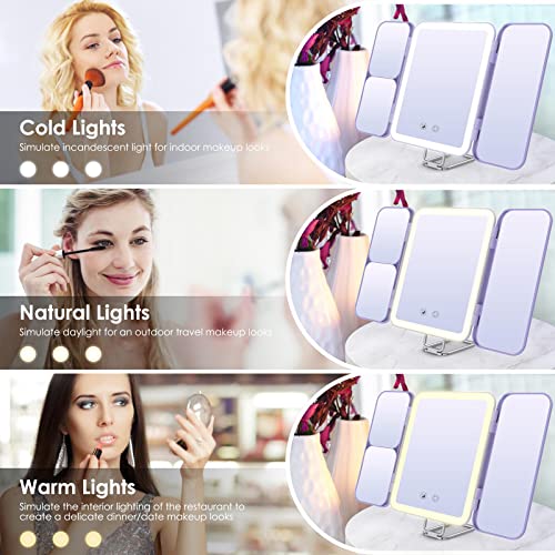 LED Makeup Mirror with Lights 3 Colour Light Rechargeable Portable Travel Mirror with 1X/3X/7X Magnification, Tri-Fold Lighted Vanity Mirror Make