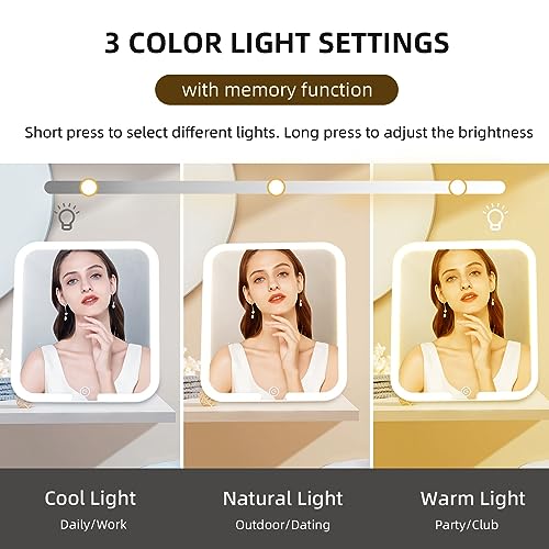 Large Travel Makeup Mirror with Lights, Lighted Makeup Mirror with 360° Angle, Dimmable 3 Color Modes Rechargeable 2000mAh Battery Portable Ultra
