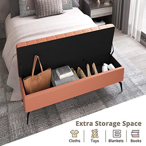 Rectangle Storage Bench,Solid Wood End of Bed Bench with Storage,Leather Upholstered Storage Bench,Modern Storage Chest Bedroom Bench-Blue 100x40