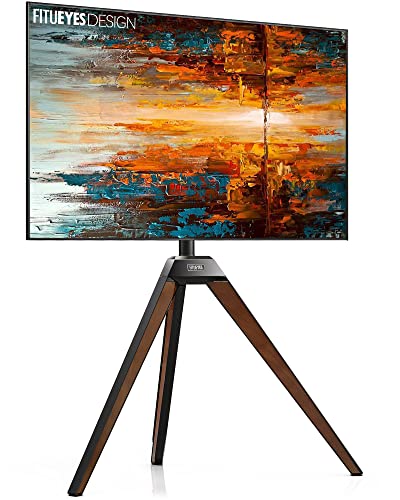 FITUEYES DESIGN Easel Tripod TV Stand Art for 37 43 50 55 65 Inch with Concealed Cable Management Black Steel and Walnut Wood Artist Floor TV Sta