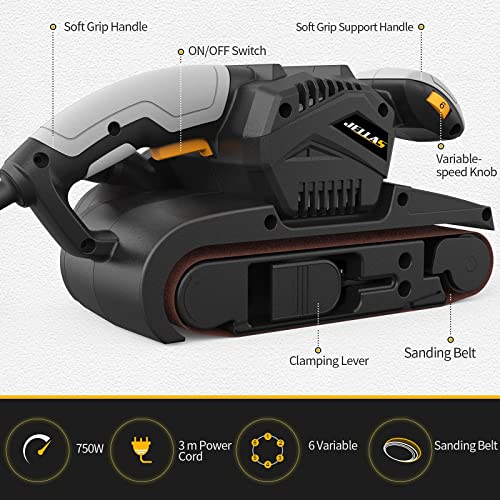 Jellas 750W Belt Sander 76×533mm with 10Pcs Sanding Belts and Dust Bag, Bench Sander with Variable-speed Control, 2 in 1 Vacuum Adapters, 10 Feet