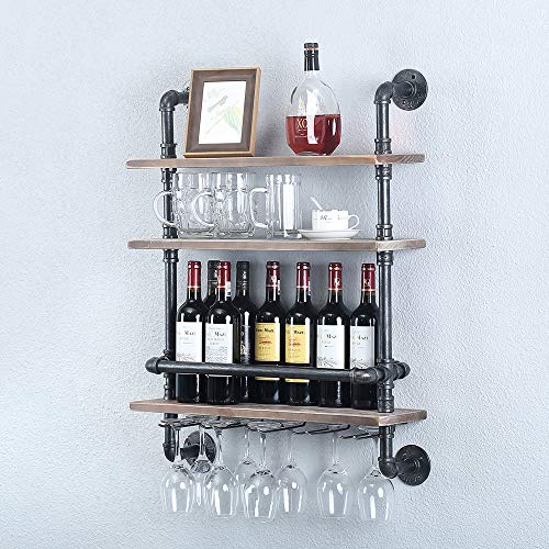 Industrial Pipe Shelf Wine Rack Wall Mounted with 5 Stem Glass Holder,24in Real Wood Shelves Kitchen Wall Shelf Unit,3-Tiers Rustic Floating Bar