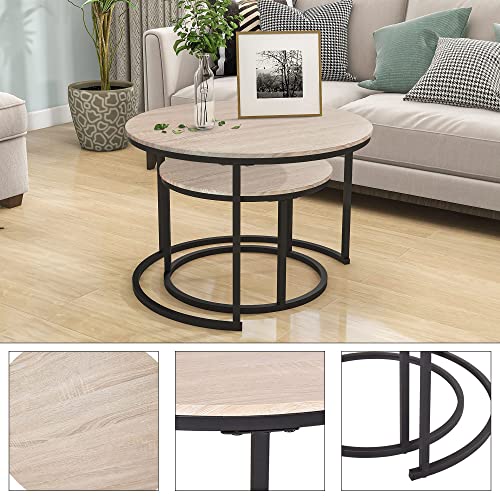 HOJINLINERO Black Round Coffee Table Set of 2 Side/ End Table for Living Room, Bedroom Decorations, Industrial Stacking Wood Look Accent Furnitur