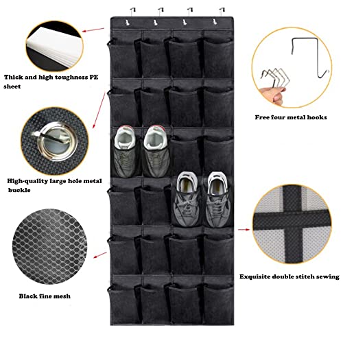 NC Hanging Organiser Over the Door, Shoe Racks with 24 Mesh Pockets 4 Door Hooks, Shoe Storage Organiser Holder Tidy with Large Fabric Pockets Sh