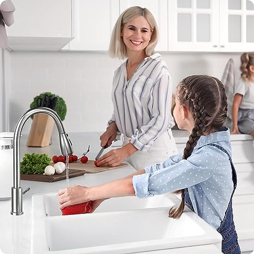 Kitchen Sink Taps Mixer with Pull Out Spray, Single Handle High Arc Commercial Stainless Steel Kitchen Faucet Suitable for UK Standard Fittings B