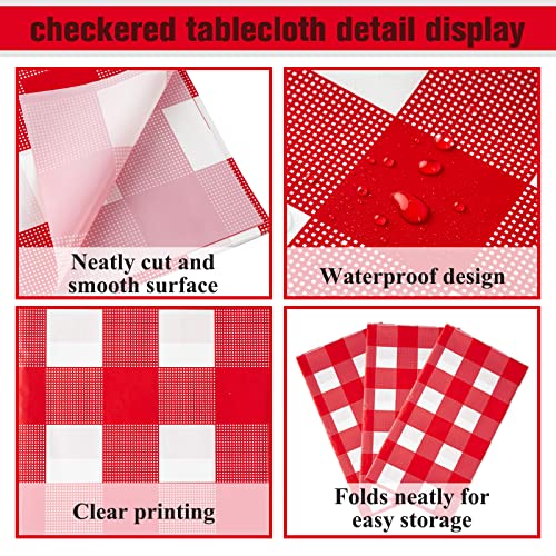 Kesfey 8 Pack Red Gingham Plastic Tablecloths 137x274cm, Disposable Checkered Rectangle Tablecloth, Waterproof and Spillproof Table Covers for Pa