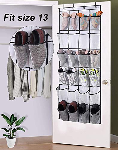 MISSLO Over the Door Shoe Storage Organiser Hanging Shoe Rack Holder 24 Large Mesh Pockets for Wardrobe Door Tidy with Hanger(White)