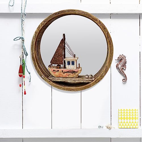 Linfevisi Round Wood Mirror Rustic Large Wall Mirrors Decor Solid Wood Frame Decorative Nautical Mirror with Sailboat Hanging Wooden Circle Mirro