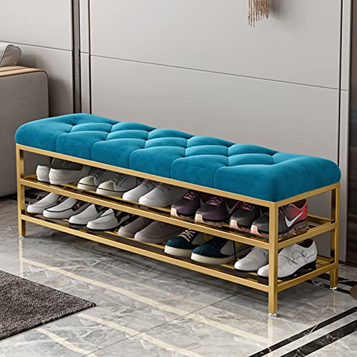 Metal Entrance Shoe Rack,Large Capacity Luxury Upholstered Shoe Storage Bench with Velvet Seat,Modern Shoe Bench for Hallway Accent Furniture-Gre