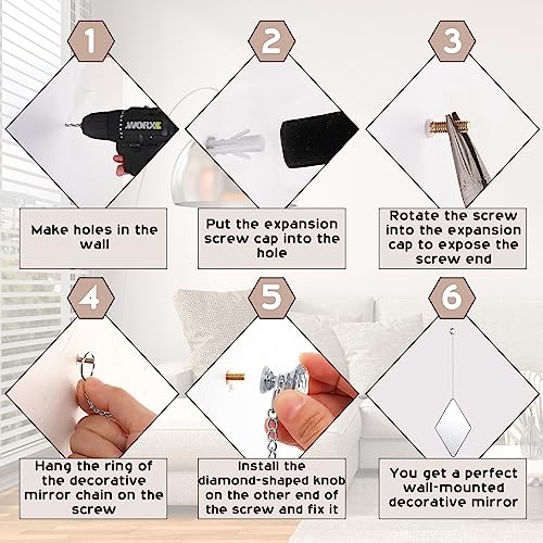 Qunclay Diamond Wall Mirror with Chain Hanging Mirror Set with Diamond Handle Frame Decorative Chain Mirror for Home Entryways Living Room Dining