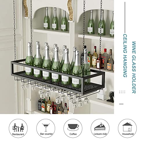 EYLINK Hanging Wine Rack with Glass Holder and Shelf Metal Ceiling Wine Bottle Holder Adjustable Height Ceiling Bar Wine Glass Rack Champagne Gob