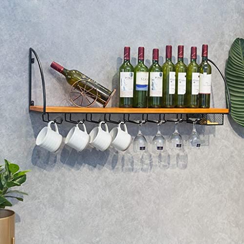 EMISOO Wall Storage Organizer Shelf Wine Rack, Wine Bottle Wall Hanging Wine Bottle Holder Metal and Wood Wine Glass Goblet Rack Cup Holder for B