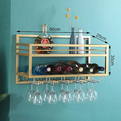 HUANGXING - Industrial Wine Racks Wall Mounted with 5 Stem Glass Holder,23.6in Metal Hanging Wine Holder Wine Accessories,2 Tiers Wall Mount Bott