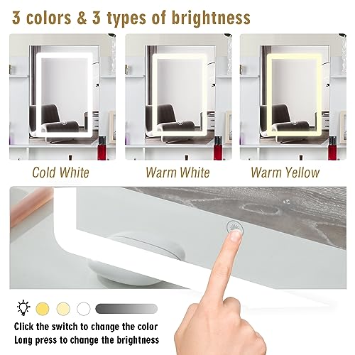 Makeup Vanity Desk with Lights & Mirror, Large Vanity Set with Storage Drawers & Stool, Bedroom Dresser Desk Vanity Table, White (Modern Vanity D