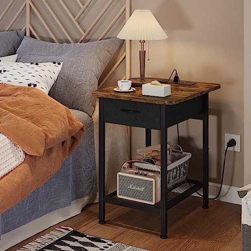 GYIIYUO Nightstand with Charging Station and Fabric Drawer, Side Table with Storage for Bedroom, Bedside Tables with Steel Frame - Rustic Brown