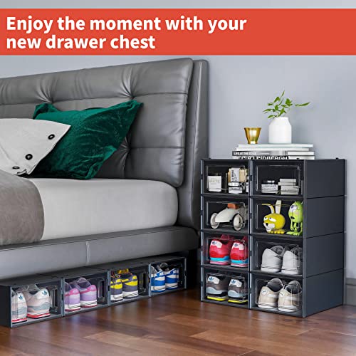 MELDEVO 12 Pack Shoe Organizer Boxes, Black Plastic Stackable Shoe Storage Bins For Closet, Space Saving Shoe Holder Sneaker Display Case for Med