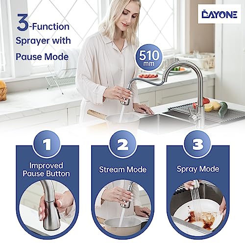 DAYONE Kitchen Mixer Tap with Pull Out Spray, Stainless Steel Sink Taps Mixer for Kitchen Single Lever, High Arc 360° Swivel 3 Spray Modes Kitche