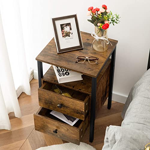 HOOBRO Bedside Table with 2 Drawers, Industrial Sofa Side End Table, Nightstand, End Table with Storage Shelves, for Living Room, Bedroom, Accent