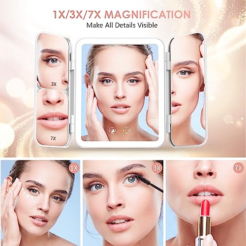 Kostlich Travel Trifold Vanity Makeup Mirror with 3 Color Lights, Rechargeable 1X/3X/7X Magnifying Mirror, Portable Light Up Mirror