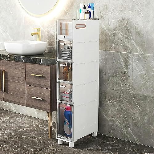Narrow Bathroom Floor Cabinet, Slim Toilet Storage Cabinet Storage Tower with Clear Drawers and Casters, Sturdy Narrow Dresser Tower for Bathroom