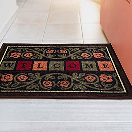 Ottomanson Rubber Back Doormat Collection, Floral Tile Design, "Welcome" Text, 51 cm x 76 cm, Multicolor