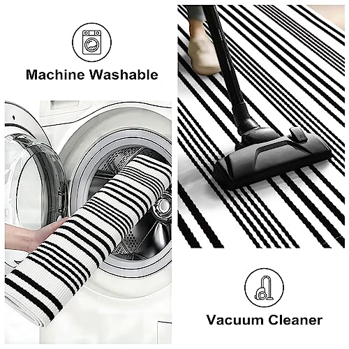 Collive Fall Door Mat Black and White Striped 24"x51",Washable Front Porch Rug,Halloween Decorations Outdoor,Farmhouse Cotton Hand-Woven Layered