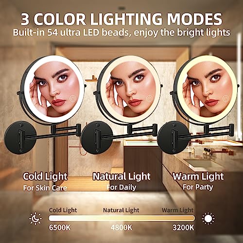 SLIMOON 8" Wall Mounted Lighted Makeup Mirror with Magnification, 1X/10X Magnifying Mirror with Light, 3 Color LED Dimmable 2000mAh Rechargeable