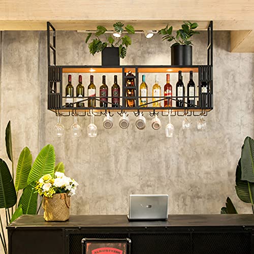 KEppd Wine Rack Wall Mounted - Wine Holder Vintage Style Ceiling Wine Racks | Metal Iron Adjustable Height Wine Bottle Holder Goblet Racks | Crea