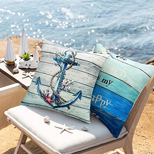 Outdoor Cushion Covers for Garden Furniture Decorative Waterproof Throw Pillow Cover Rudder Starfish Wood Background Square Pillowcases 45X45cm P