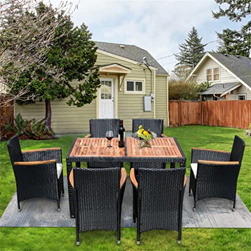 TFIIEXFL Acacia Wood Top 7 Piece Outdoor Patio Wicker Dining Set Patio Wicker Furniture Dining Set Exterior