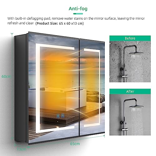 LUMIRRORS® LED Bathroom Mirror Cabinet with Shaver Socket Lights 65x60 cm 2-door Dimmer Matt Black Aluminum Touch Switch Antifog Adjustable Shelv