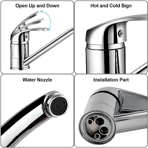 Kitchen Sink Mixer Tap, Single Top Lever Swivel Long Spout Monobloc Hot and Cold Water Kitchen Faucet Chrome Kitchen Tap with 2 Hoses