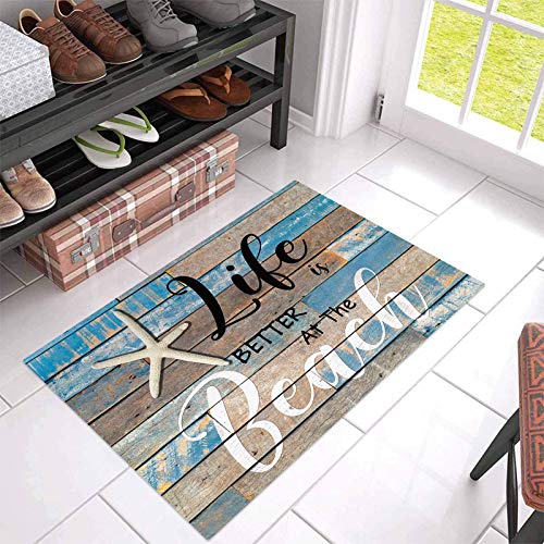 Life is Better at The Beach Starfish Indoor Doormat Front Door Mats, Water Absorbent Non Slip Entrance Rugs, Rustic Wood Grain Floor Bath Rug for