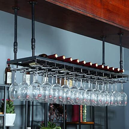 EMISOO Wine Racks Hanging Mounted, Adjustable Metal Ceiling Bar Wine Glass Rack Wine Bottle Holder with Stemware Glass Shelf Decoration Shelf (Si
