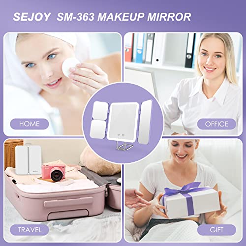 LED Makeup Mirror with Lights 3 Colour Light Rechargeable Portable Travel Mirror with 1X/3X/7X Magnification, Tri-Fold Lighted Vanity Mirror Make